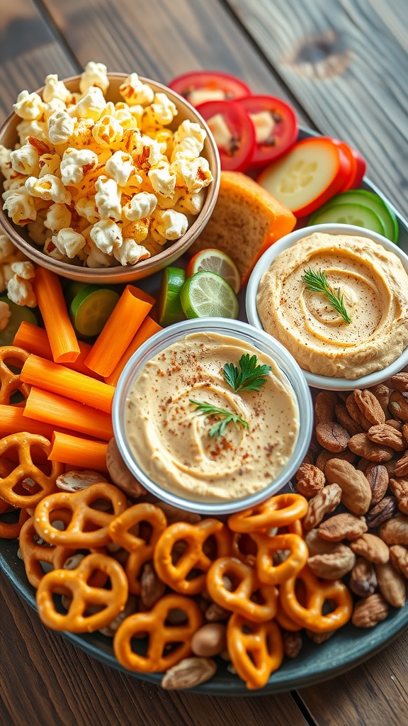 A colorful snack platter with popcorn, hummus, vegetables, pretzels, and nuts.